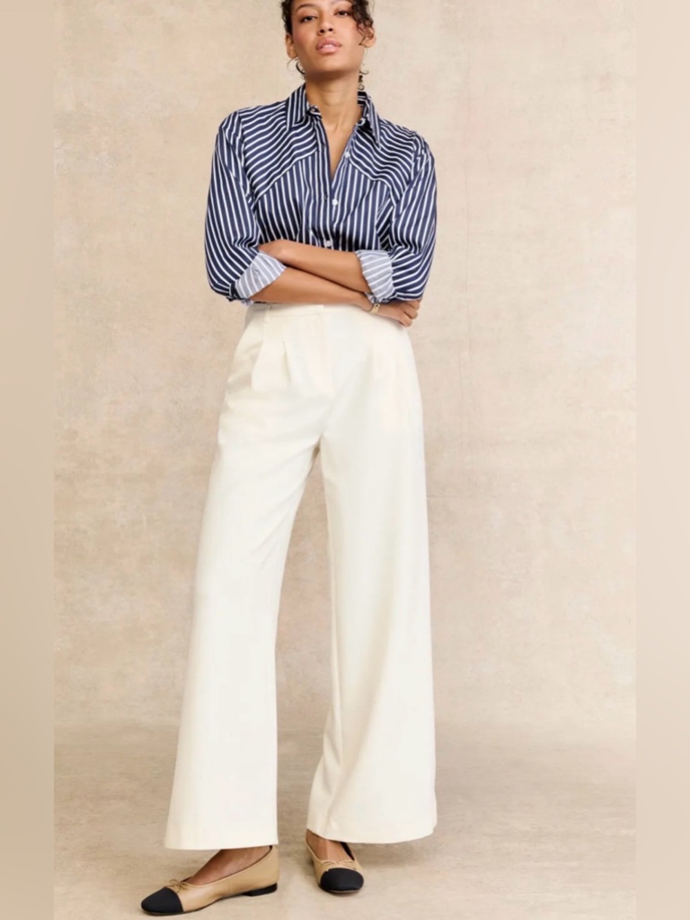 French Connection Azra Pleated Trouser Cream Wide-Leg Pleated Trousers